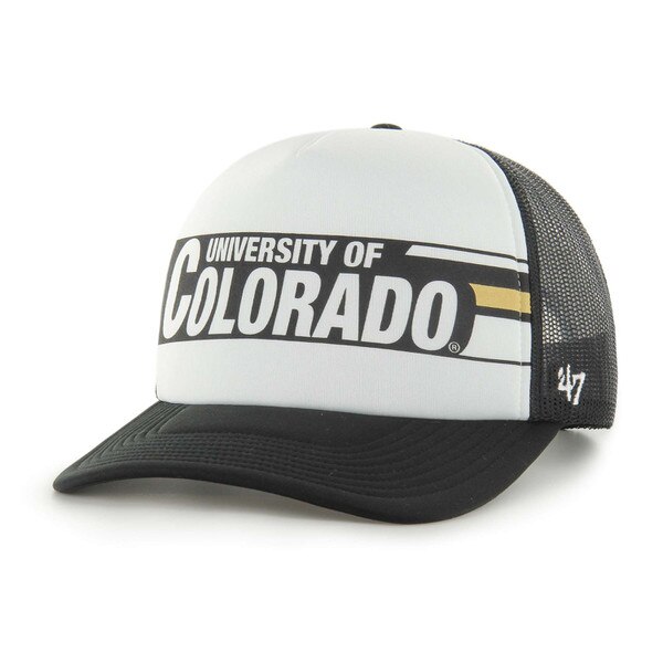 Front view of black and white mesh snapback hat with “University of Colorado” text and gold accent stripe.