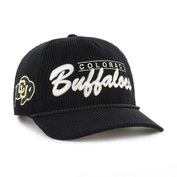 This picture shows the CU Buffalo logo embroidered in black and gold on the right side of the hat.