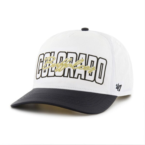 White hat with black brim featuring bold block "COLORADO" text and gold script "Buffaloes" embroidered across the front.