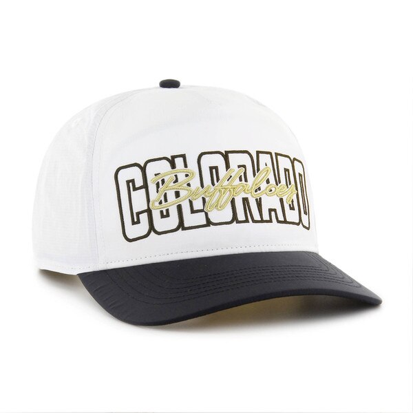 Angled view of a white hat with black brim, featuring raised black block "COLORADO" text and gold script "Buffaloes" embroidered across the front.