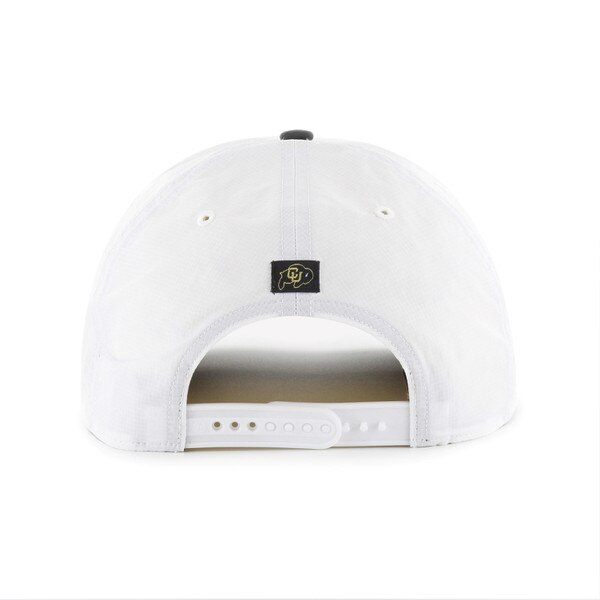 Back of a white hat with white snapback closure and a small CU Buffaloes logo tag centered above the opening.