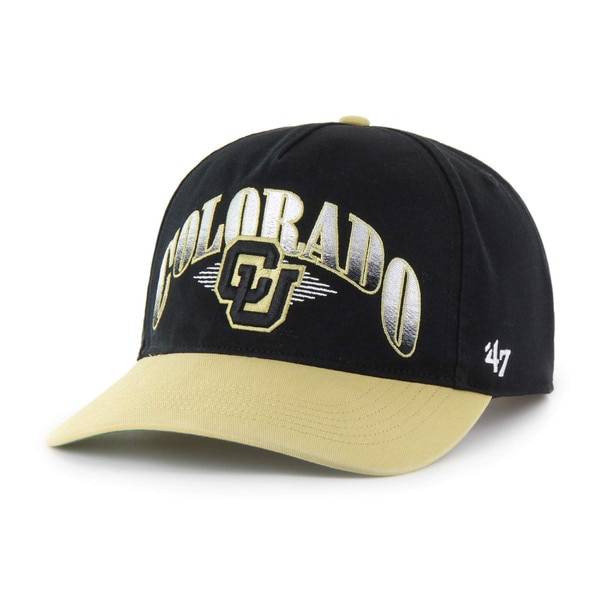 Black hat with Vegas gold brim featuring "Colorado" in large silver-to-black ombre lettering and a black and gold interlocking CU logo on the front.
