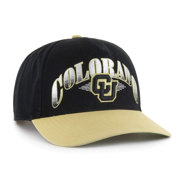 Alternate angle of black hat with Vegas gold brim, featuring arched "Colorado" in silver-to-black ombre print and the interlocking CU logo centered below.