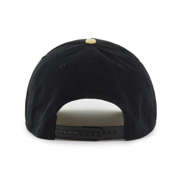 Back view of black hat with adjustable black snapback closure and a small Vegas gold button on top.