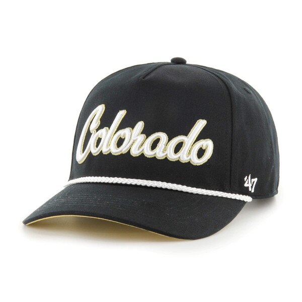 Black snapback hat with white embroidered Colorado script and white rope detail on the front brim