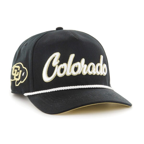 Black snapback hat with white Colorado script, rope detail, and CU Buffaloes logo embroidered on the left side