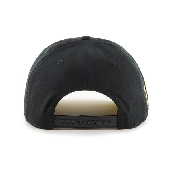 Back view of black snapback hat with adjustable closure and curved brim