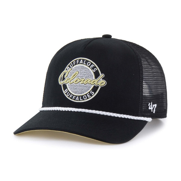 Black mesh-back trucker hat featuring a round "Colorado Buffaloes" patch in white and Vegas Gold embroidery with a decorative rope detail above the brim.