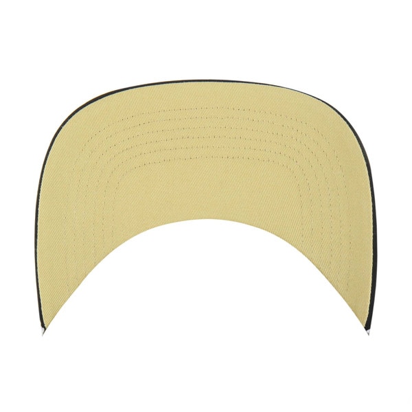 Underside of curved yellow hat brim with black edge detailing