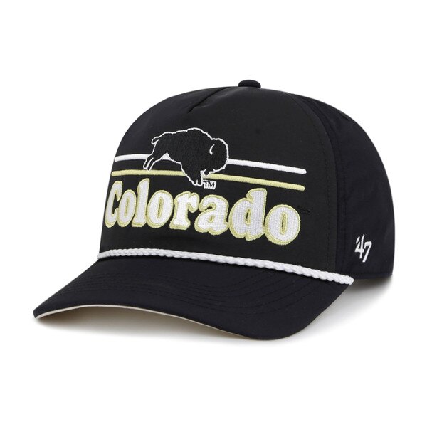 A black unisex '47 Brand campscape rope hat with ‘Colorado’, buffalo, and paracord detail.