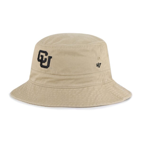 Khaki bucket hat featuring an embroidered black interlocking CU logo on the front and a small '47 brand logo on the side.