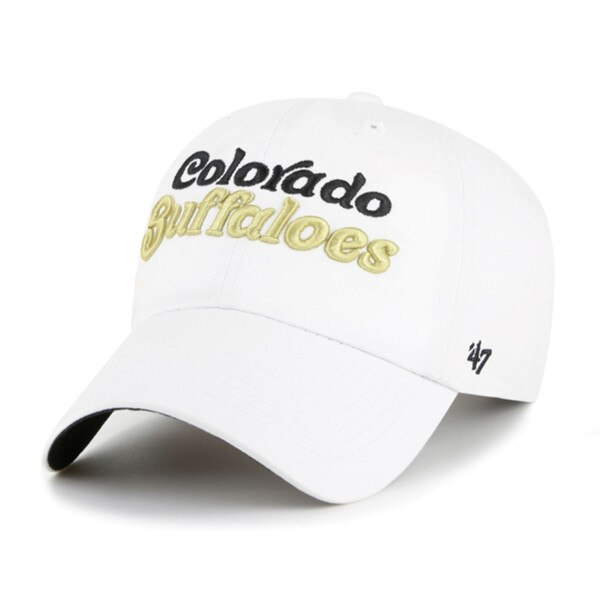 Angled view of white baseball cap with black and gold “Colorado Buffaloes” embroidery