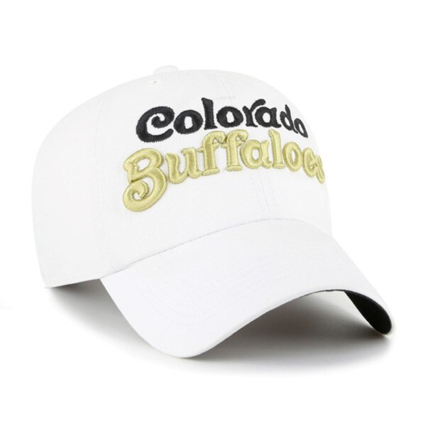 Close-up side view of white cap with bold black and gold “Colorado Buffaloes” lettering
