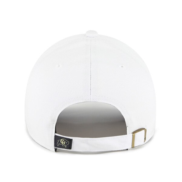 Back view of white cap with adjustable strap and CU Buffaloes logo tag near closure