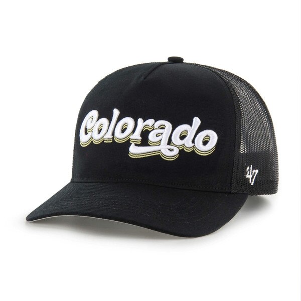 Black mesh trucker hat with white and gold embroidered “Colorado” script on the front and '47 logo on the side.