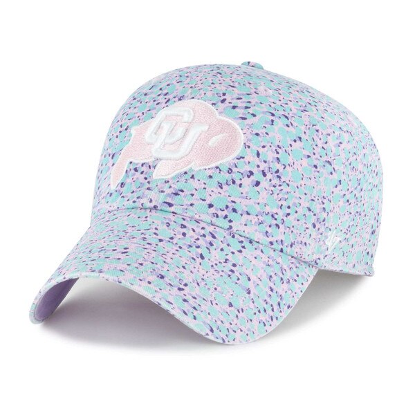 A purple hat with teal and dark purple splatters. Also features the CU Buffalo logo embroidered in pink and white across the front.
