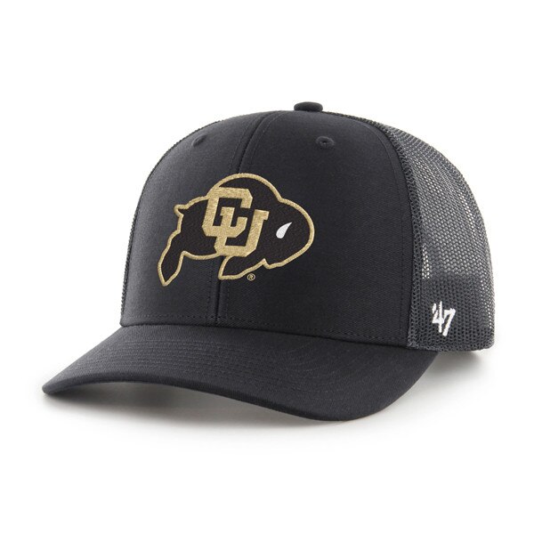 Front view of black mesh trucker hat with CU Buffaloes logo and curved bill by '47 Brand
