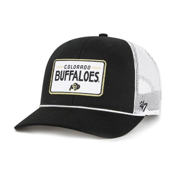 Colorado Buffaloes black and white mesh trucker hat with embroidered front patch featuring CU Buffalo logo and bold 'Colorado Buffaloes' text