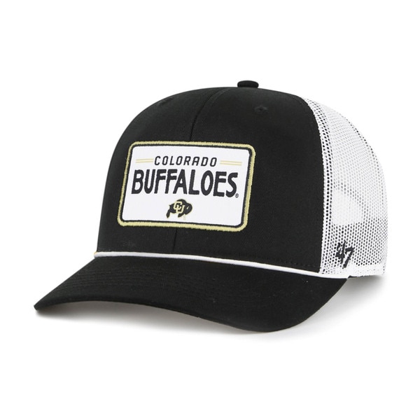 Colorado Buffaloes black and white mesh trucker hat with embroidered front patch featuring CU Buffalo logo and bold 'Colorado Buffaloes' text