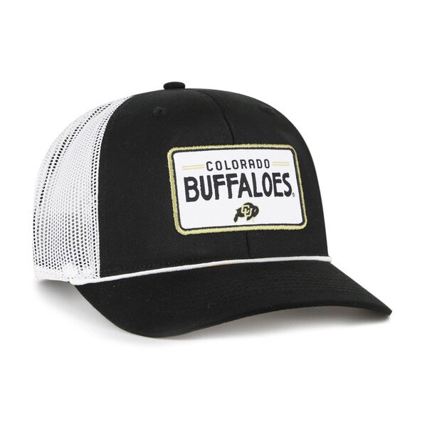 Colorado Buffaloes black and white mesh trucker hat with embroidered patch logo and curved bill