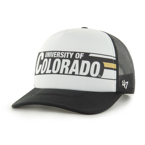 University of Colorado mesh trucker hat with bold Colorado text across white foam front and black curved bill