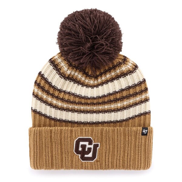 A light brown knit beanie with multi-sized tan, white, and dark brown stripes. The front of the cuff has the interlocking CU logo embroidered in dark brown. There is a large dark brown pom on top.