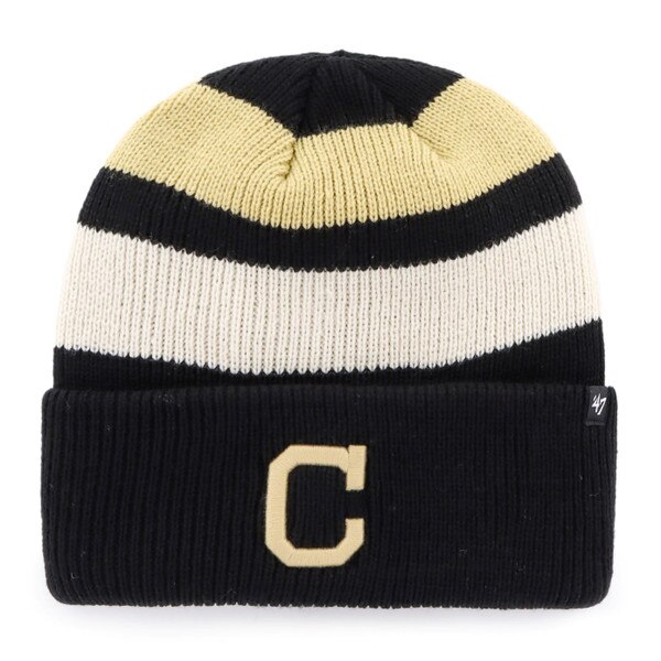 Knit beanie with black, white, and Vegas gold stripes, black cuff featuring embroidered gold letter “C”, and small 47 brand tag on the side.