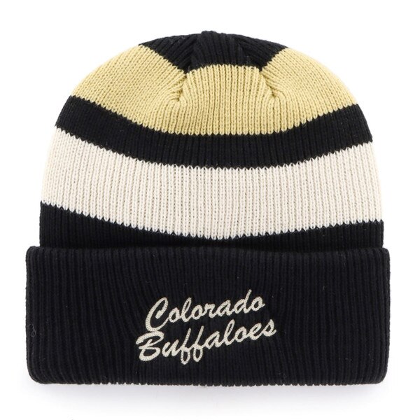 Back view of knit beanie with black, white, and Vegas gold stripes and black cuff featuring embroidered “Colorado Buffaloes” in white script.