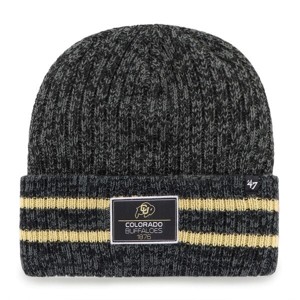 A black knit beanie with a black patch on the front cuff that has the CU Buffalo logo, and "Colorado Buffaloes 1876" written below it in white writing. There are two gold stripes on the cuff as well.
