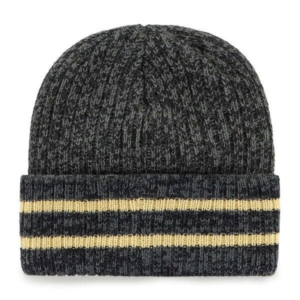The back of a black beanie with two gold stripes on the cuff.