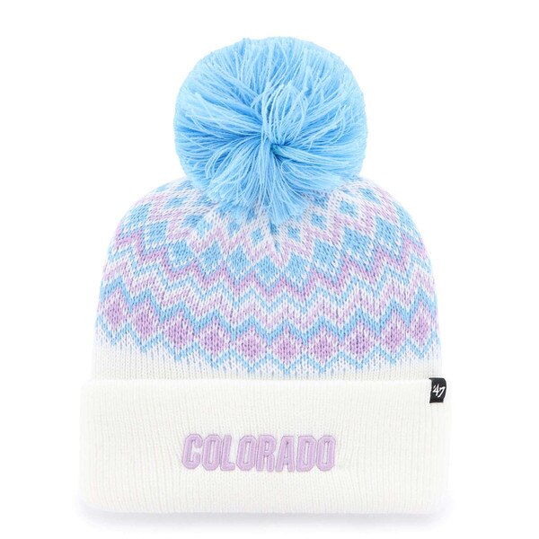 Colorado knit beanie with pastel chevron pattern, large blue pom, and lavender Colorado text on white cuff