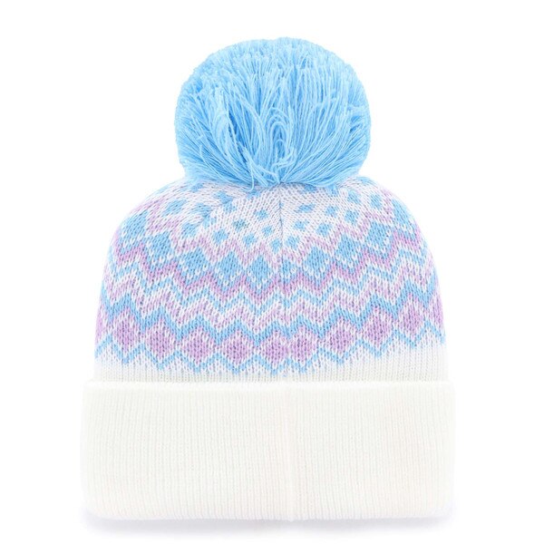 Back view of pastel Colorado knit beanie with light blue pom and lavender-blue chevron pattern above a plain white cuff