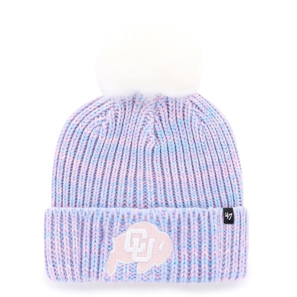 This is a lavender and pink marble pattern beanie. The pom is white. The CU buffalo logo is pink and white.
