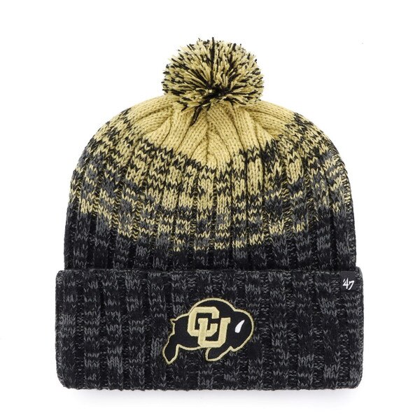 CU Buffaloes knit beanie with black and gold ombre design, cuffed brim, and pom on top