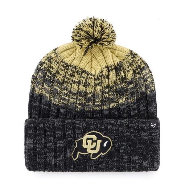 CU Buffaloes knit beanie with black and gold ombre design, cuffed brim, and pom on top