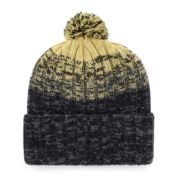 Back view of CU Buffaloes knit beanie with black and gold ombre pattern and pom on top