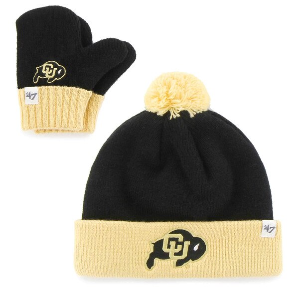 CU Buffs infant knit beanie and mittens set with gold cuff and pom, featuring embroidered CU Buffaloes logo in black and gold