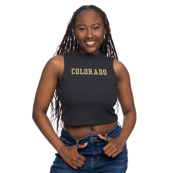 This is a black, cropped tank top. The text on the front is a pale gold color. It is a mock neck, so the neckline is a little less high than a turtleneck. It has a ribbed texture.