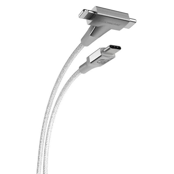 A silver slash white braided charging cable. One end is a USB-C connection and the other has a double adapter with a lightning cable and USB-C connection.