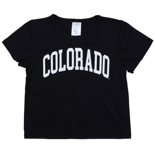 This is a black youth t-shirt with white sparkly bold blocked text arched on the front.