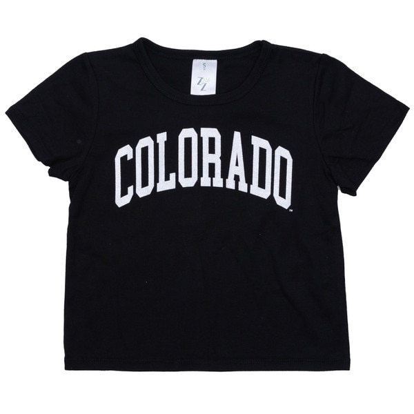 This is a black youth t-shirt with white sparkly bold blocked text arched on the front.
