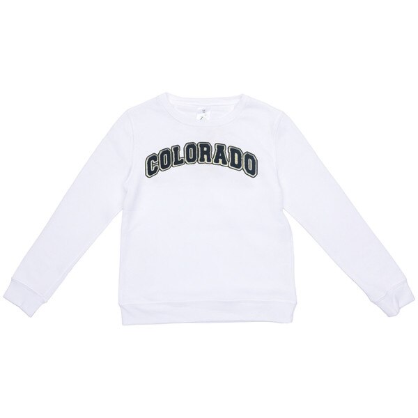 A white crewneck with "Colorado" embroidered across the chest. The emrboidering is in fuzzy black and is outlined by Gold embroidering.