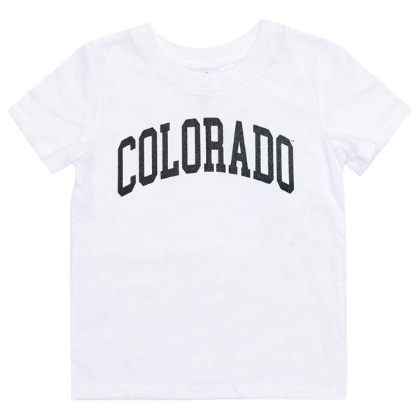 All white kids tee shirt with "Colorado" printed in black glittery font. Colorado is written on the center of the chest.