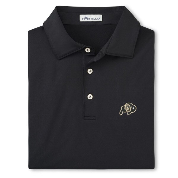 A black collared button up polo with a c-u buffalo logo on the left chest.