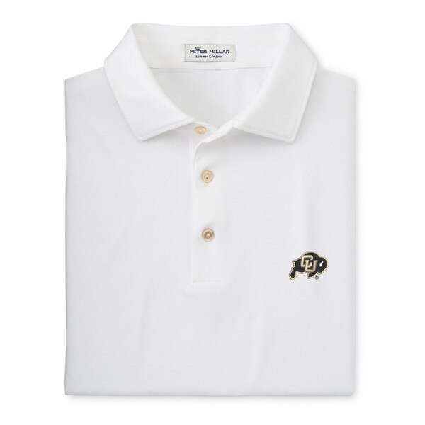 A white collared button up polo with a c-u buffalo logo on the left chest.
