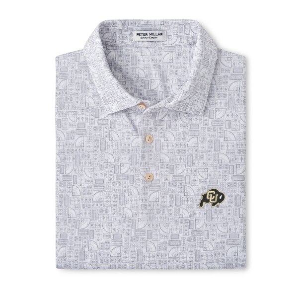 A white polo with subtle gray field and court designs and the CU Buffalo logo on the left chest in black and gold.