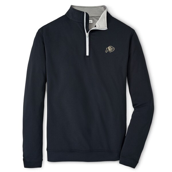 A black collared quarter zip with a c-u buffalo logo on the left chest.