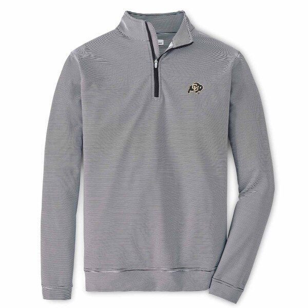 A long sleeved quarter zip that is black and white striped and has the CU Buffalo logo embroidered in black and gold on the left chest.
