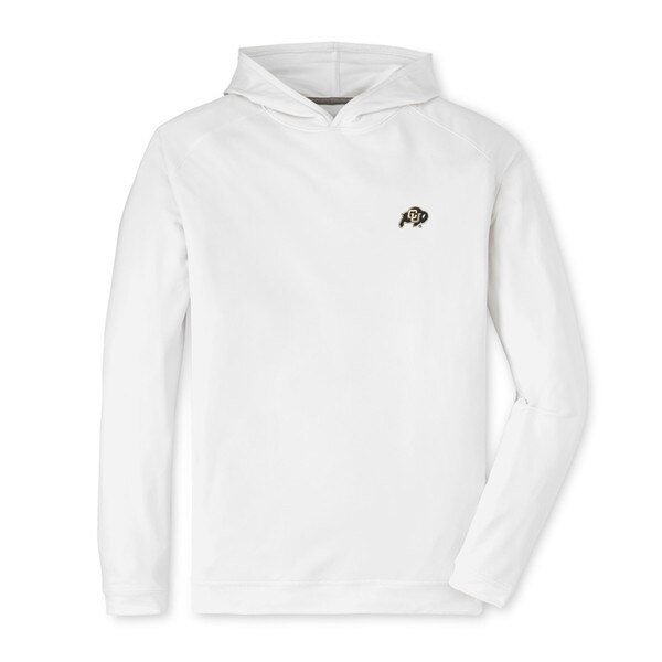 A white Peter Millar hoodie with the CU Buffalo logo embroidered in the left corner of the chest.