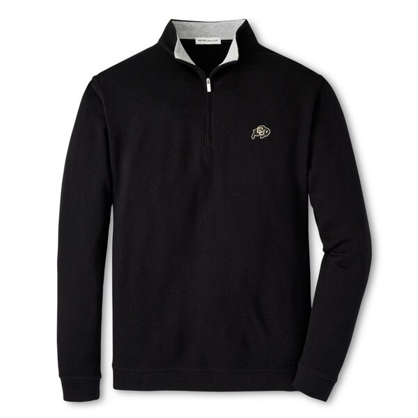 This is a black, quarter-zip jacket with a black and gold C.U. buffalo logo on the left chest. The zipper is black and the zip is silver. The inside of the collar is grey.